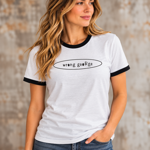 Woman wearing white Wrong George ringer T-shirt