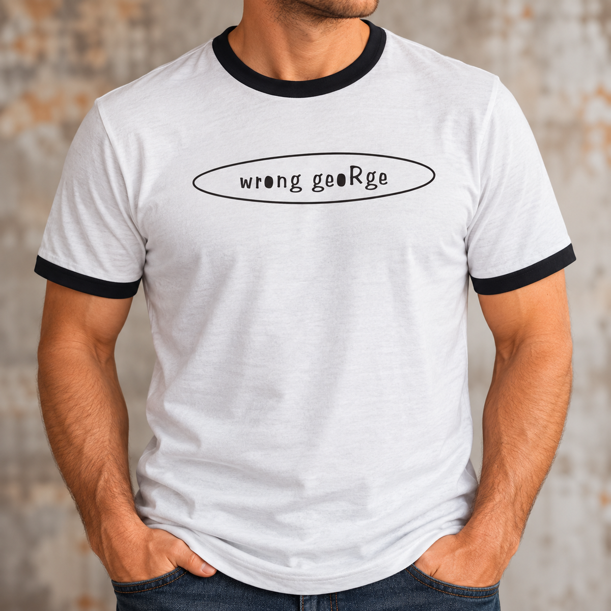 Man wearing white Wrong George ringer T-shirt
