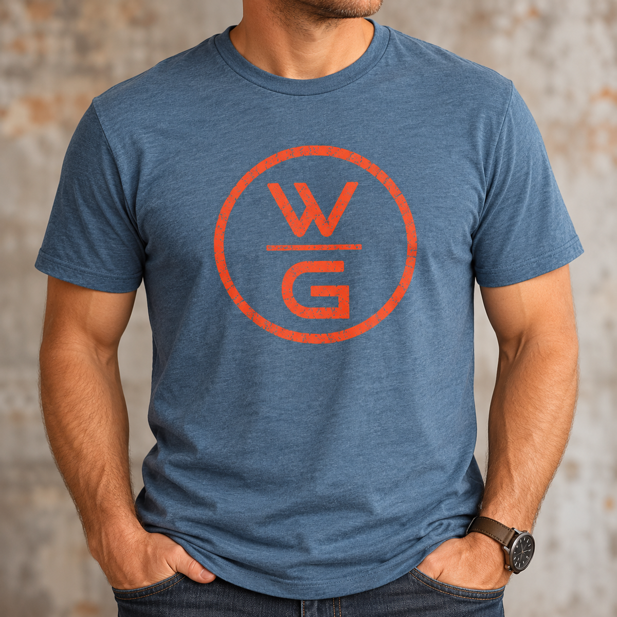 Man wearing blue Wrong George WG logo T-shirt